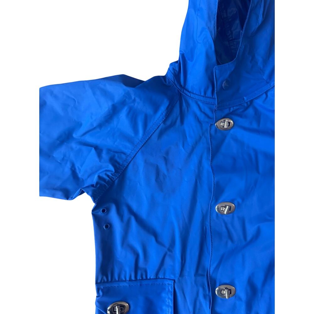 Vintage | Blue 100% Vinyl Unisex Hooded Rain Coat w/ Metal Toggles | Size 5/6